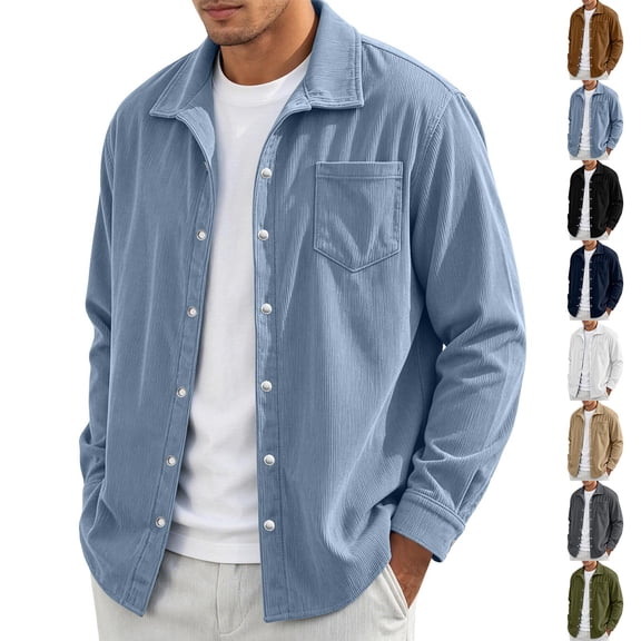 Jaunzuar Corduroy Jacket Men Solid Color Button Up Long Sleeve Jackets Loose Work Casual Jackets with Pockets, S-2XL