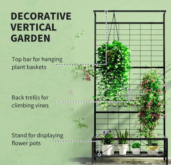 Plant Holder, Metal Tall Plant Stand with Trellis and Hanging Bar,for Indoor Outdoor Use