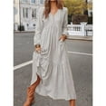 thumbnail image 4 of Women'S Boho Cotton Maxi Dress V-Neck Long Sleeve Flowy Beach Dress with Pockets and Buttons Light Grey XL, 4 of 9