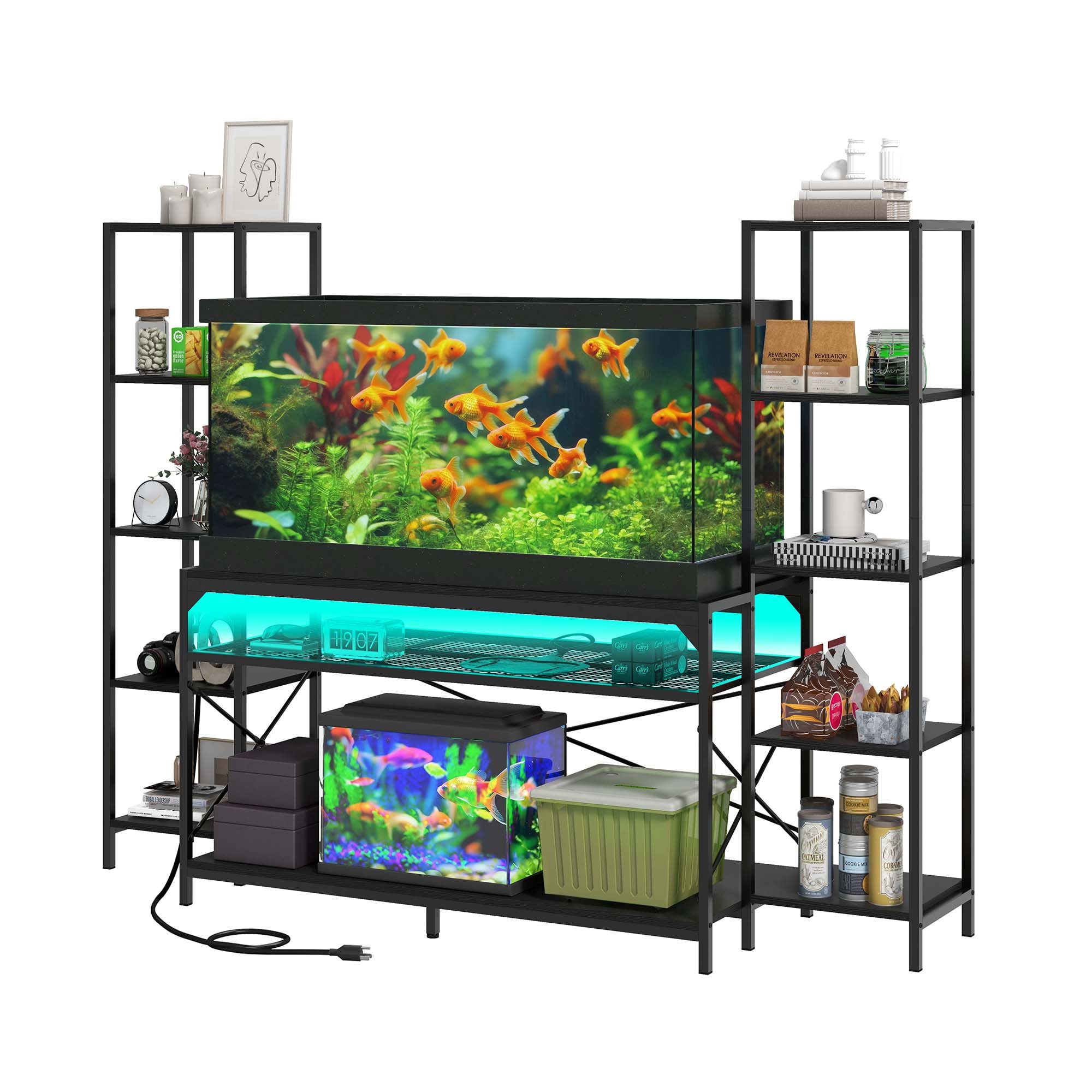 Uforic 55-75 Gallon Heavy Duty Metal Aquarium Stand with Power Outlets & LED Light, Fish Tank Stand, Turtle Tank, Reptile Terrarium with Cabinet, 880LBS Capacity-Black