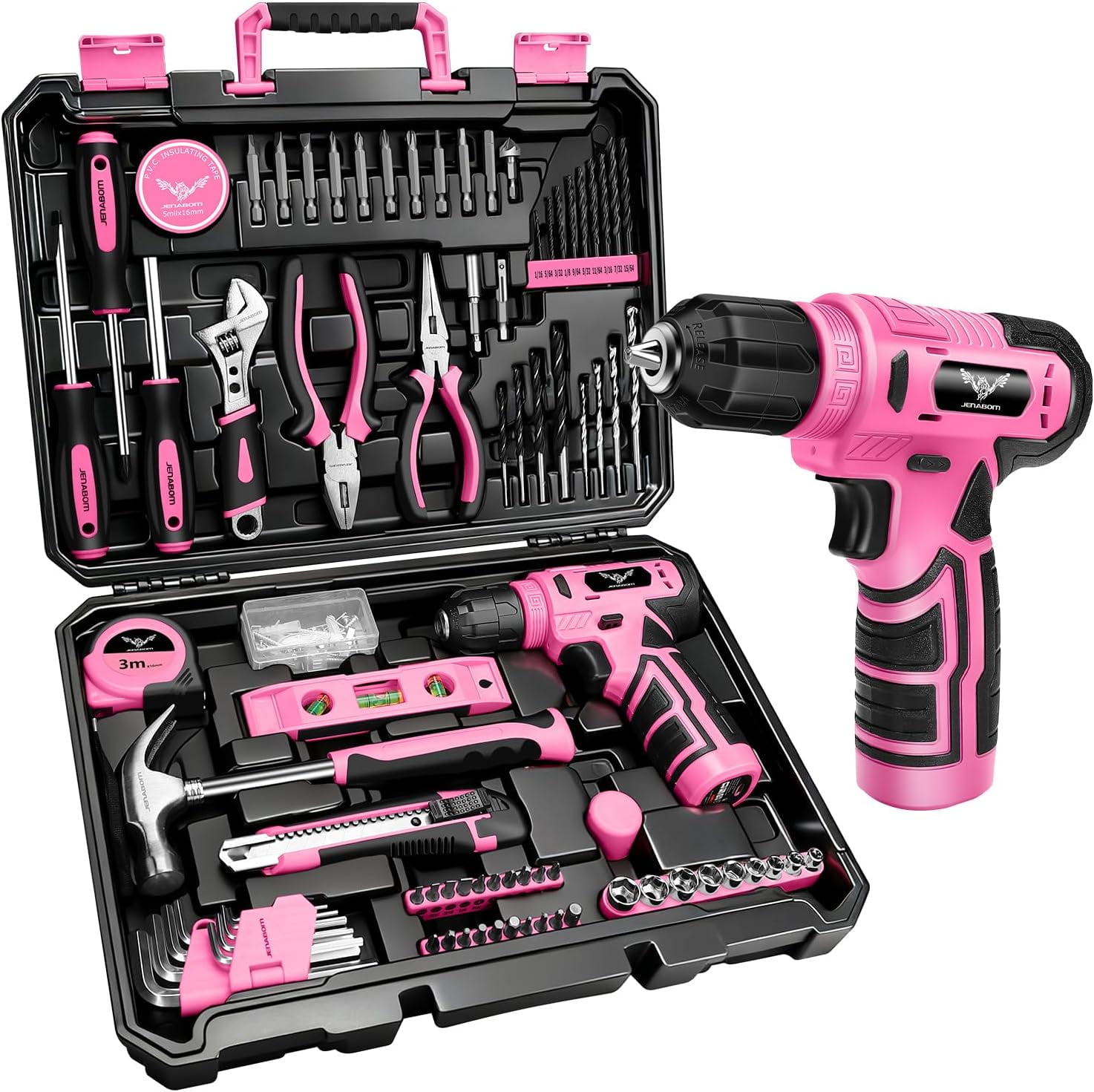 Drill Set: Tool Set with 8V Pink Cordless Drill, Home Tool Kit