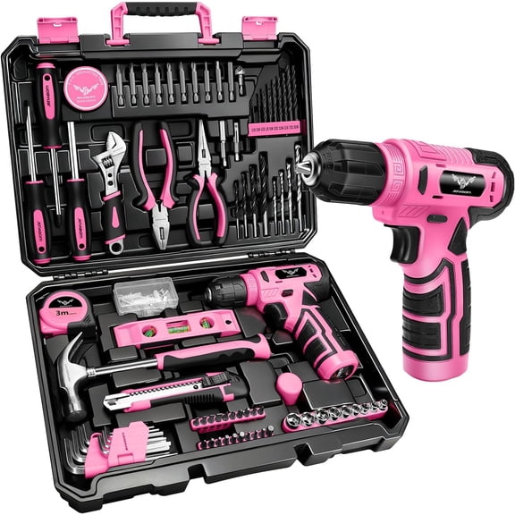 Pink Tool Kit with 8V Cordless Drill, Tool Box with Drill, Hand Drill Set for Men & Women, Home Tool Kits for House Repair, Handyman, DIY 127 Piece