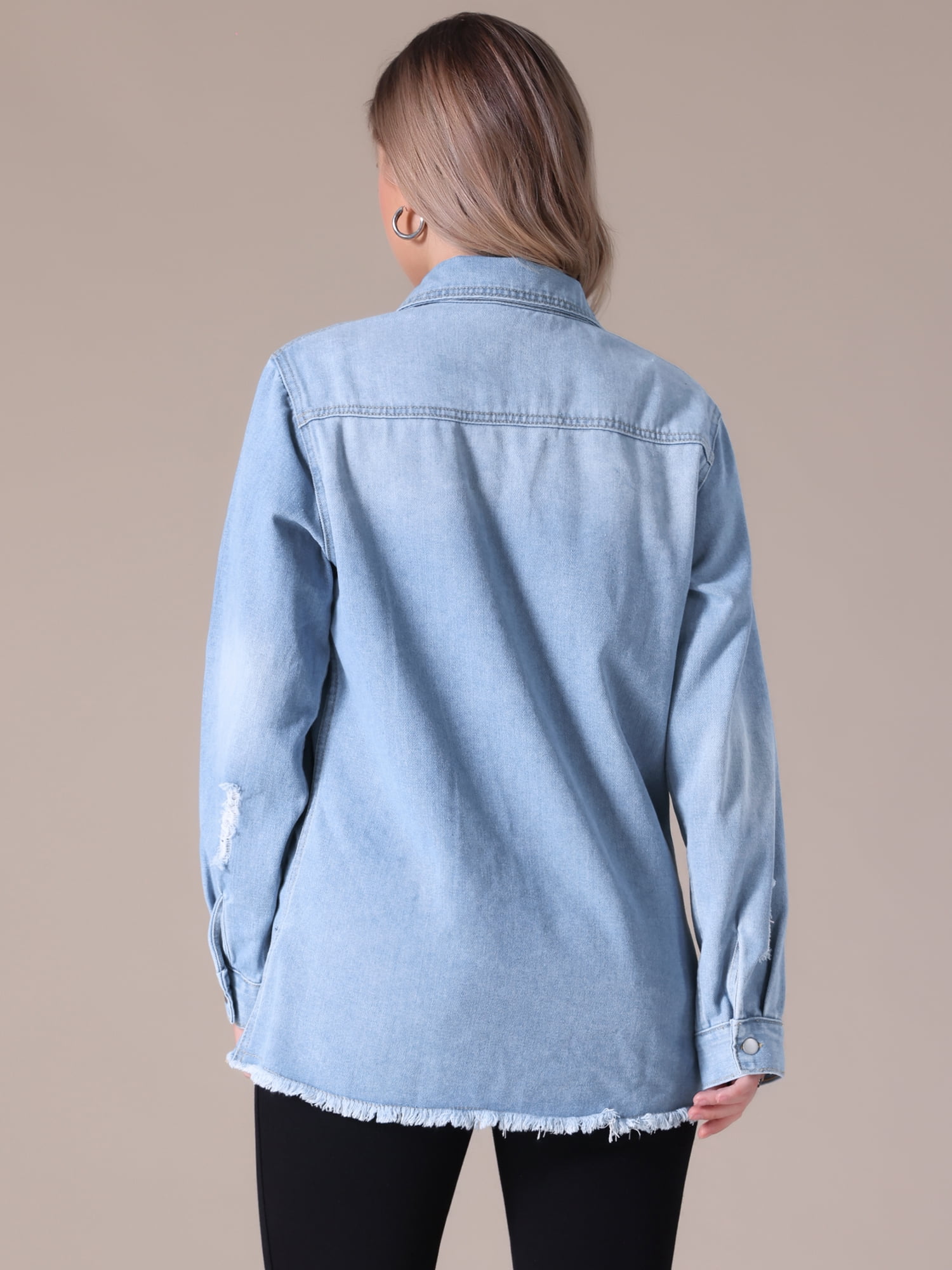 Unique Bargains Women's Frayed Hem Long Sleeve Lightweight Denim Jacket L Light Blue