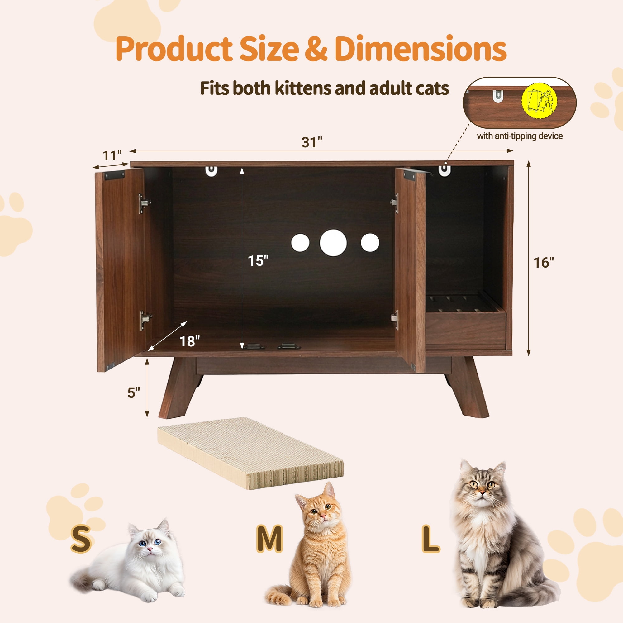 YDN Modern Litter Box Enclosure for Cats- 31.5" Indoors Hidden Cat Litter Box Furniture for 2 Cats, Wooden Cats Washroom Side Cabinet with Scratching Pad for Most Cat Litter Box,Walnut