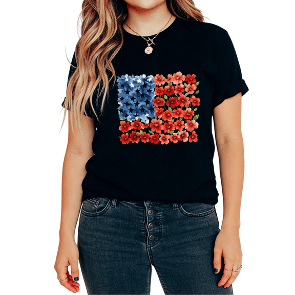 UNISHE Women's Watercolor Floral American Flag 4th of July Graphic Short Sleeve T-Shirt Patriotic Boho Tees Tops
