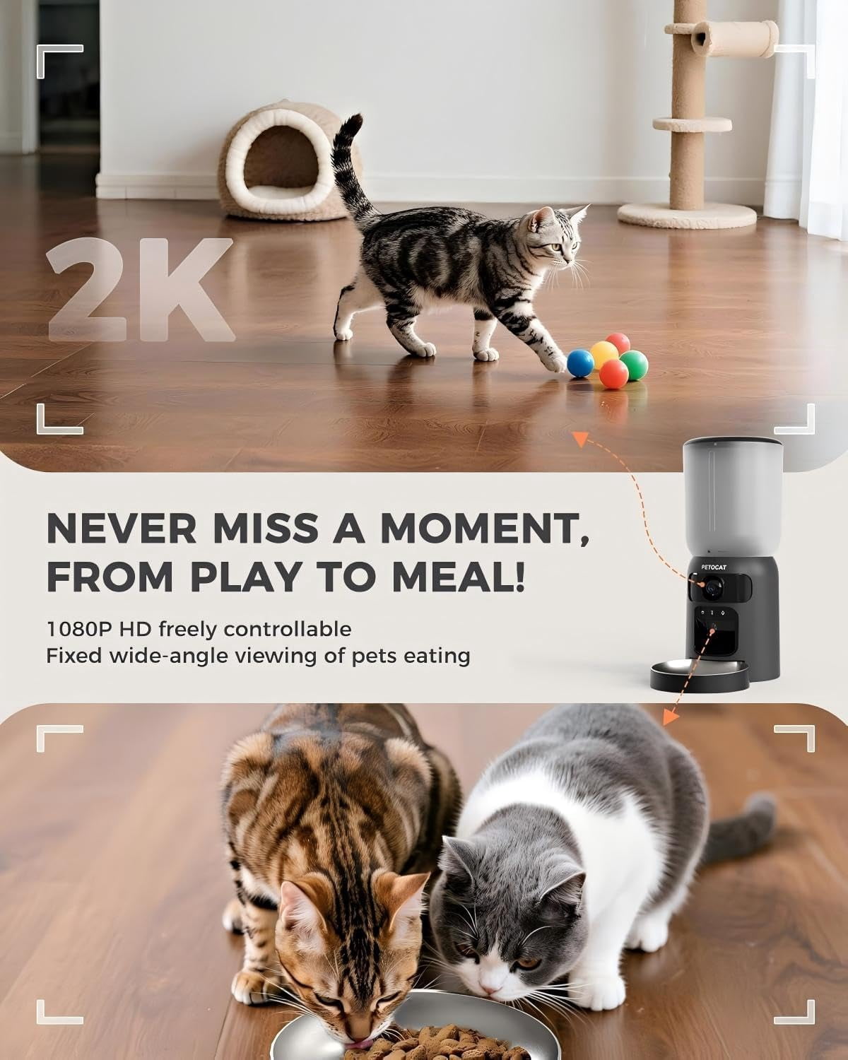 5L Automatic Cat Feeder with Dual 2K HD Camera, WiFi Food Dispenser for Cats & Small Dogs, Laser Toy & Diet Tracking