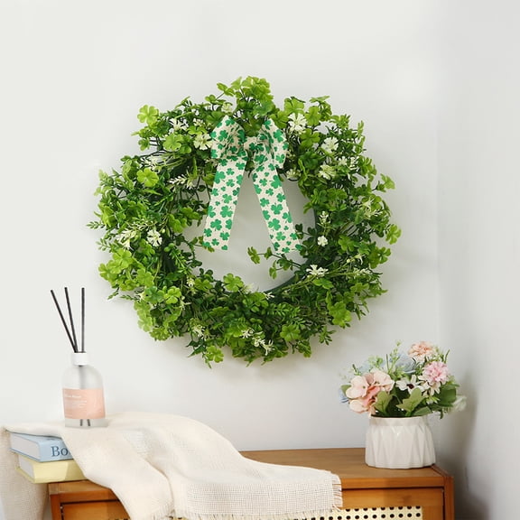 Cadancy St Patricks Day Wreaths for Front Door Artificial Shamrock Greenery Wreath with Ribbon Bows Farmhouse Spring Home Decor for Wall Entryway Indoor Outdoor Decoration(15.75 in)