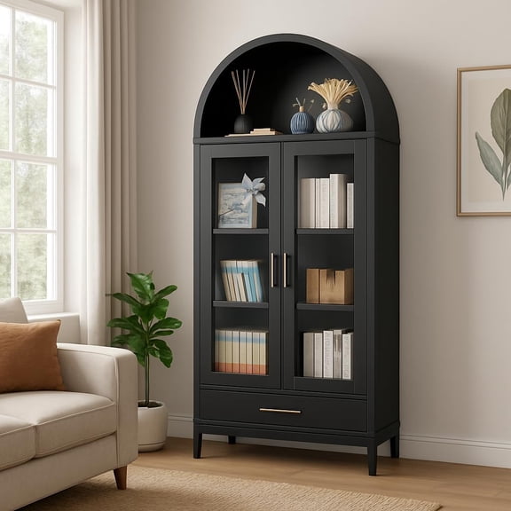 1 Drawer & 2 Doors Arched Fluted Storage Cabinet,Black Arch Bookcase with Glass Doors, Modern Freestanding Kitchen Pantry CabinetOrganizer, Versatile Cupboard for Kitchen, Bathroom, Black