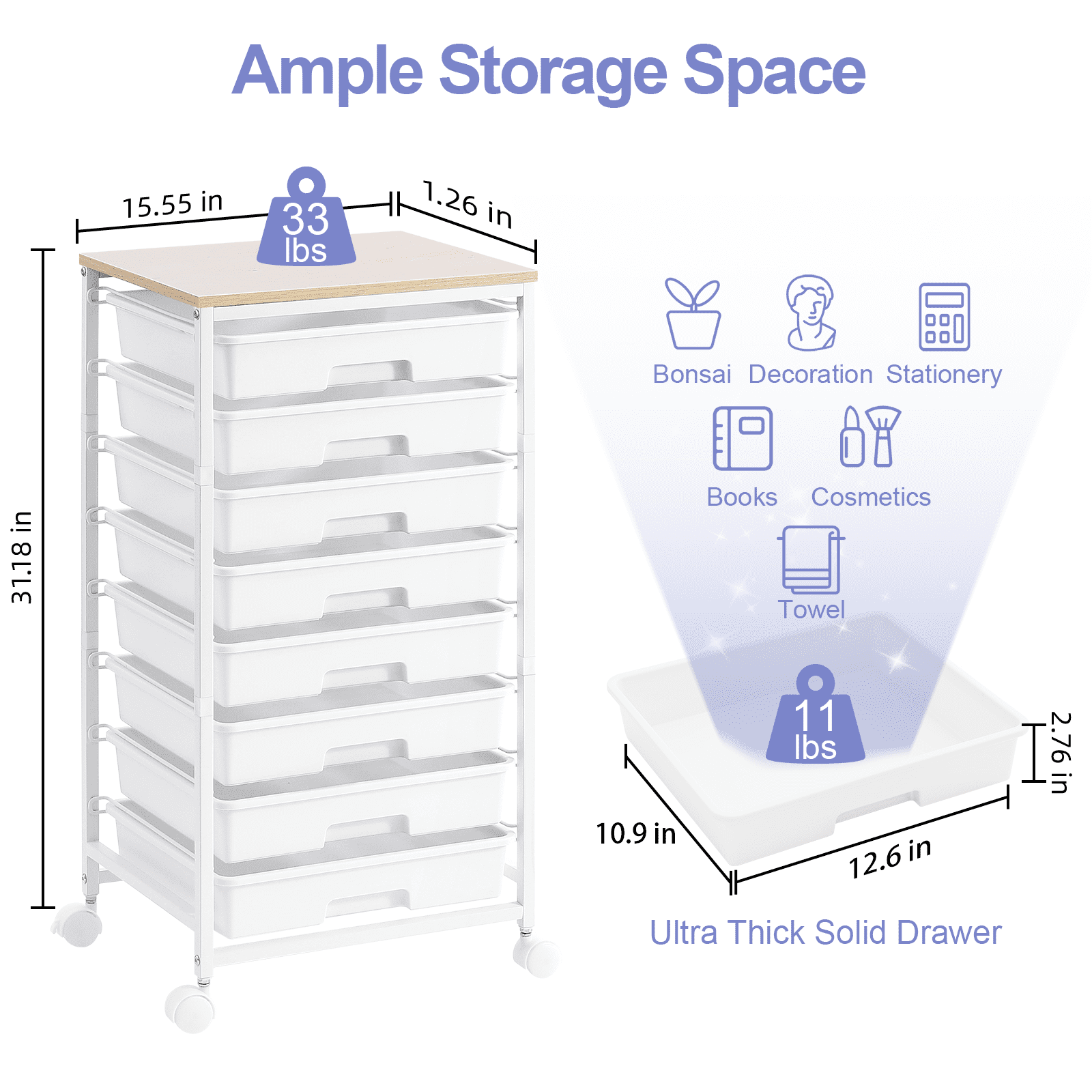 KK KINGRACK Storage Rolling Drawer Cart, Drawer Organizer with 8 Drawers and Wooden Tabletop, Metal & Plastic, White