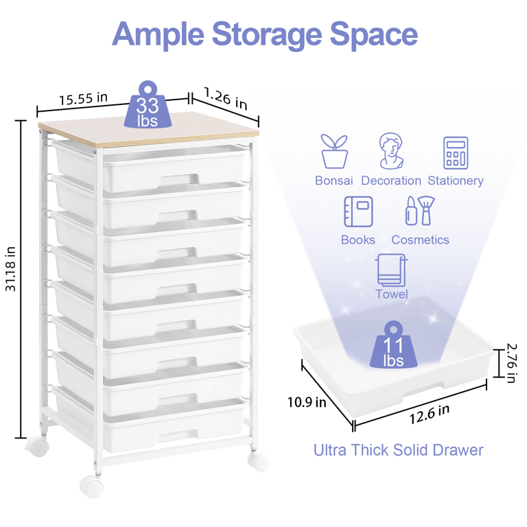 KINGTIDY 8-Drawer Rolling Storage Cart with Wooden Top photo 6