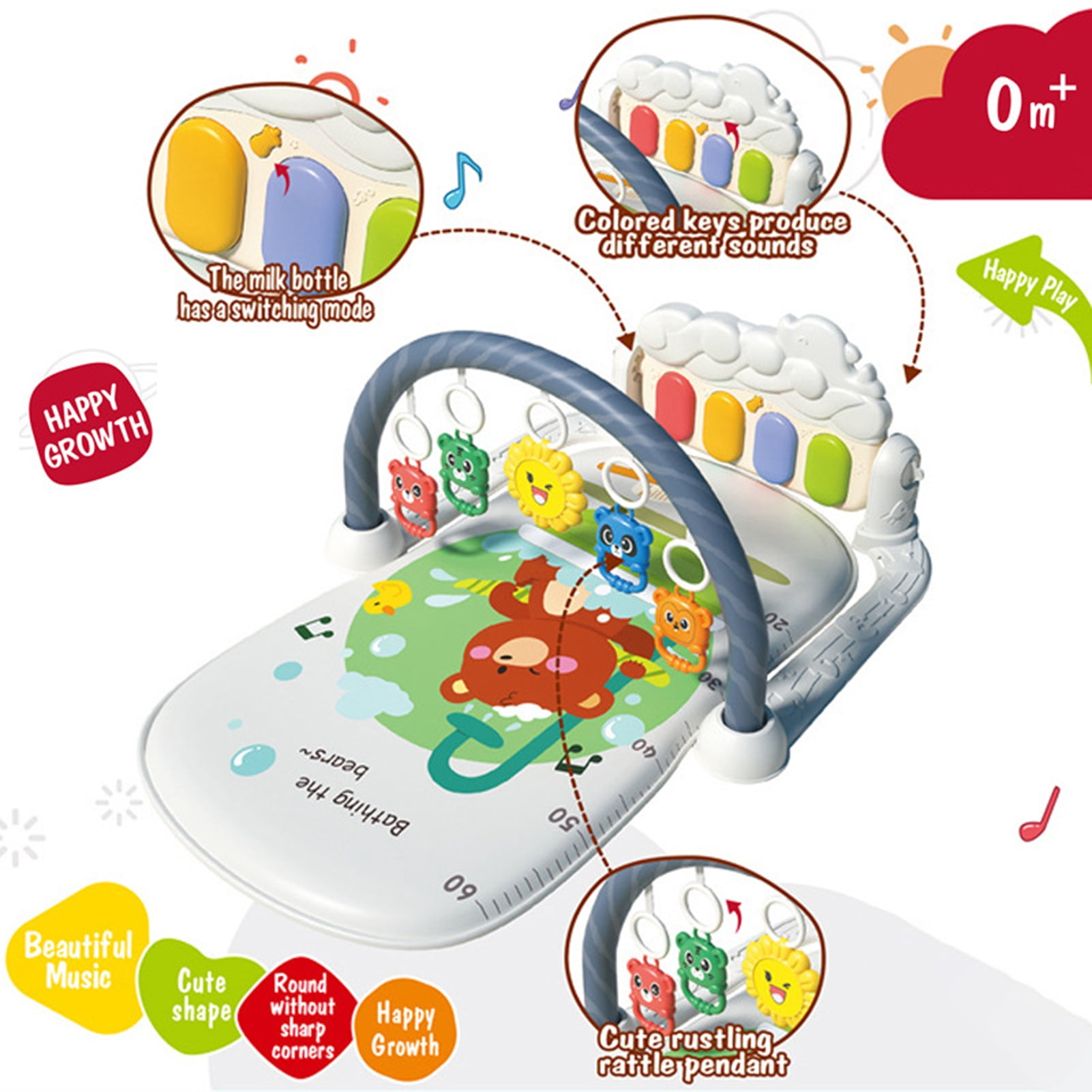 YIFAEUX Baby Gym Play Mat And Piano Gym with Tummy Time Mat Interactive Musical Toys Creative Activity Center for Infants Toddlers Sensory Development Motor Skills Training Birthday Gift