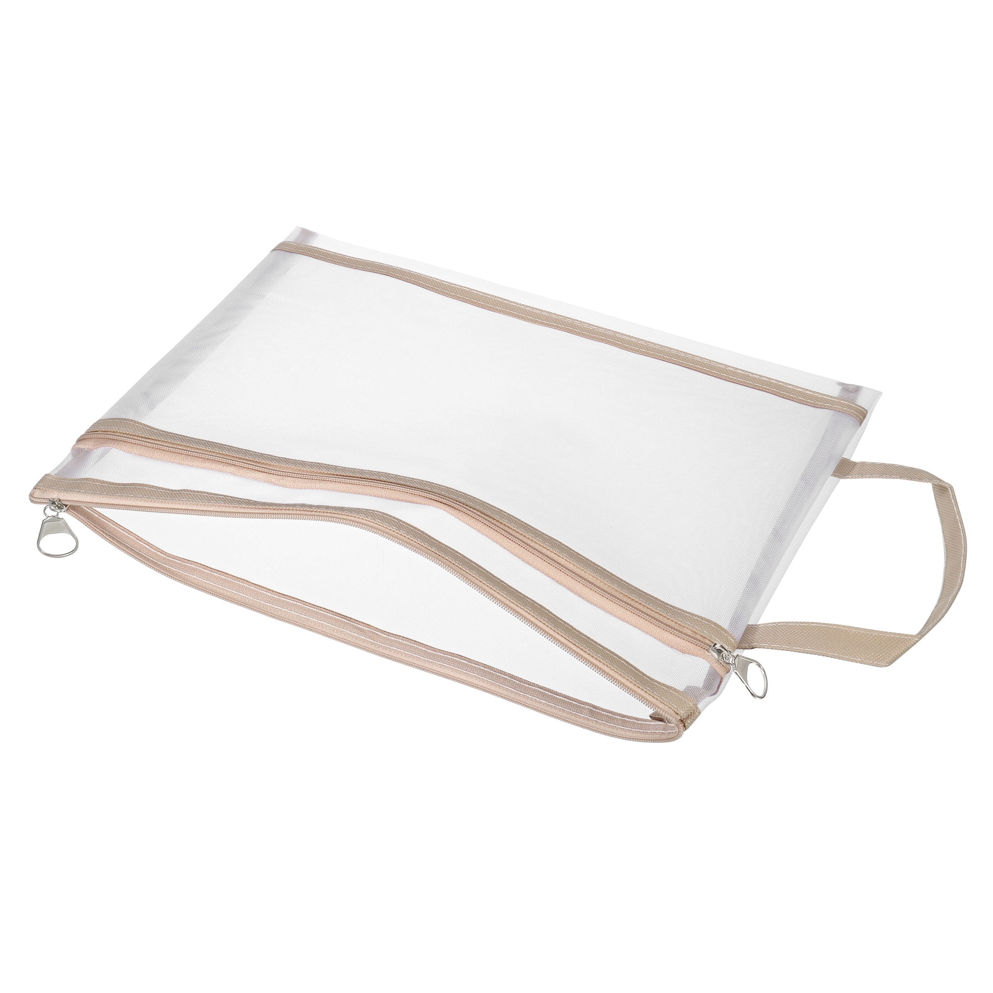 Unique Bargains Nylon Document Zip Pouch with Handle Mesh Clear Files Bag Khaki1 Pcs