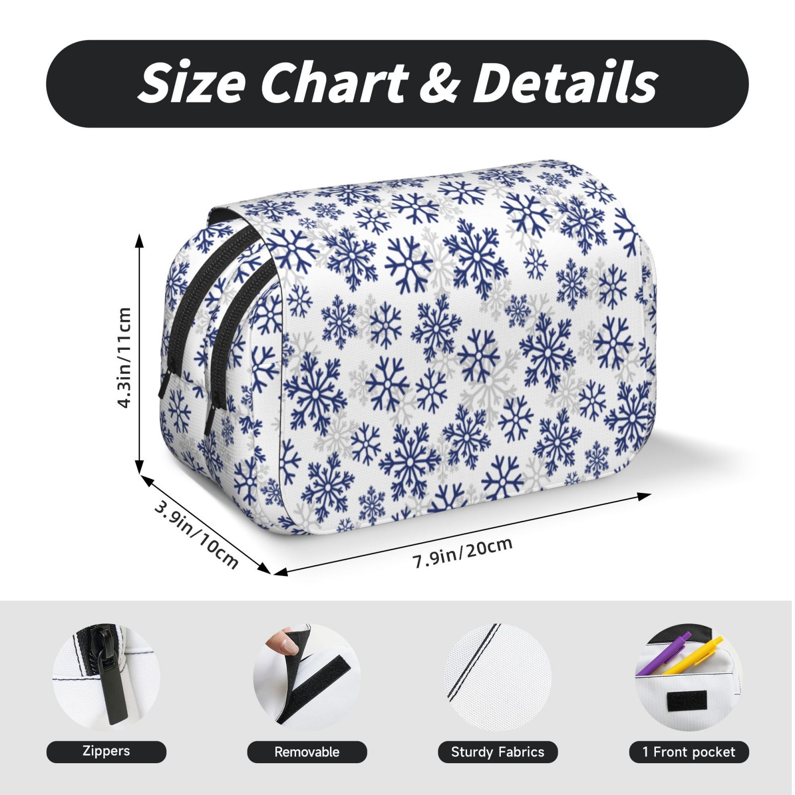 Rateoe Dark Blue Snowflakes Pattern Double Clamshell Pen Case, Storage Organizer with Two Zipper Compartments– Holds Up to 50 Pencils & Pens