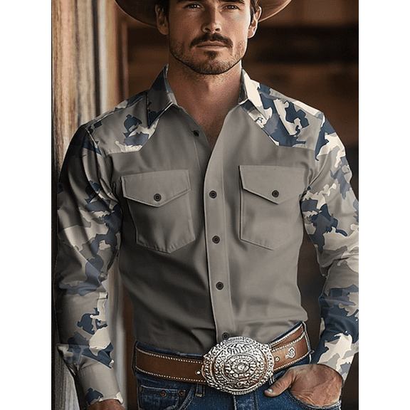 Men's Camouflage Print Button Down Shirts Vintage Graphic Western Cowboy Collared Long Sleeve Shirt Top Green M