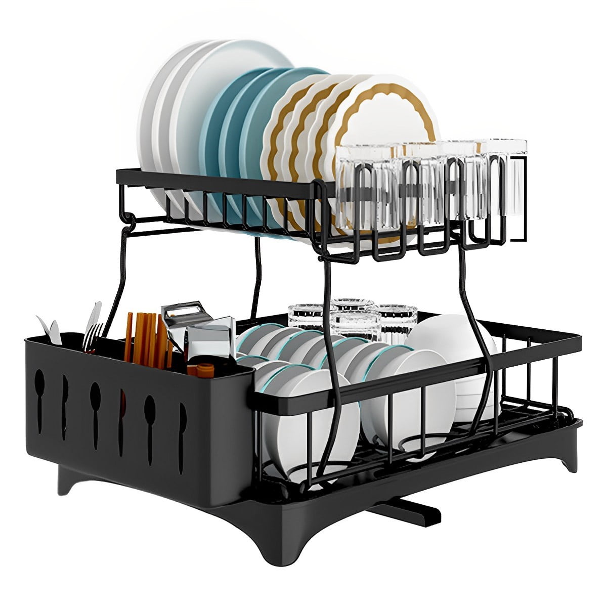 YIYI Guo Dish Drying Rack, Aluminum Rust Proof Dish Rack with Swivel Spout Drying Tray, Removable Cutlery Holder for Kitchen Counter, Black