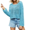 thumbnail image 3 of Fartey Crochet Knit Crop Sweaters for Women Loose Casual Cropped Hollow Out Sweater Solid Color Long Sleeve Crew Neck Pullover Tops Blue L, 3 of 7