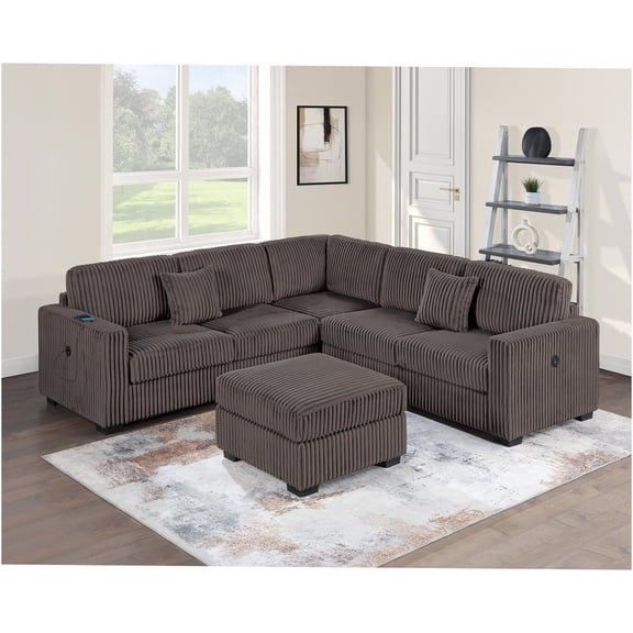 JERFIT Modern 4-Piece Corduroy Sectional Sofa Set with USB Charging, L-Shaped Couch with Ottoman, Chocolate Brown