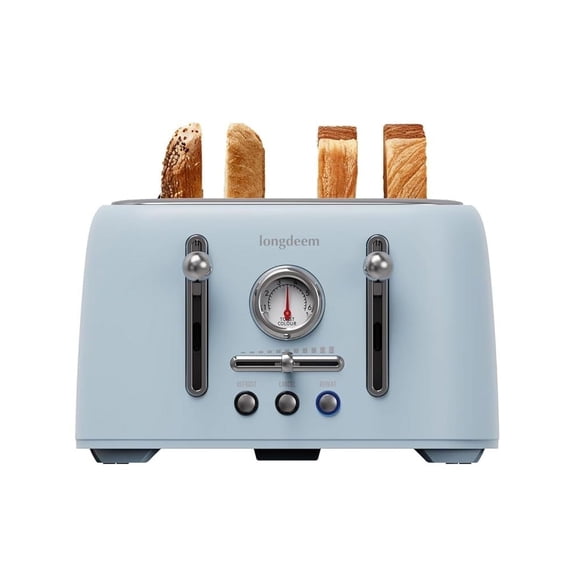 LONGDEEM 4-Slice Toaster Retro Style - 6 Browning Levels, Bagel, Defrost - Blue, Stainless Steel