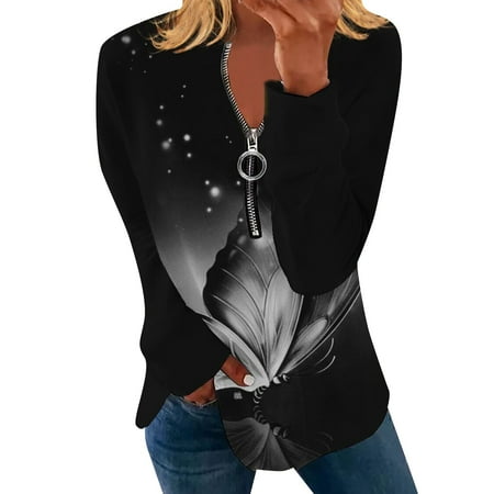 

koaiezne Women s Autumn And Winter Round Neck Zipper Long Sleeve Butterfly Print T Shirt Womens Pajama Tees Womens Button up Shirt Pack