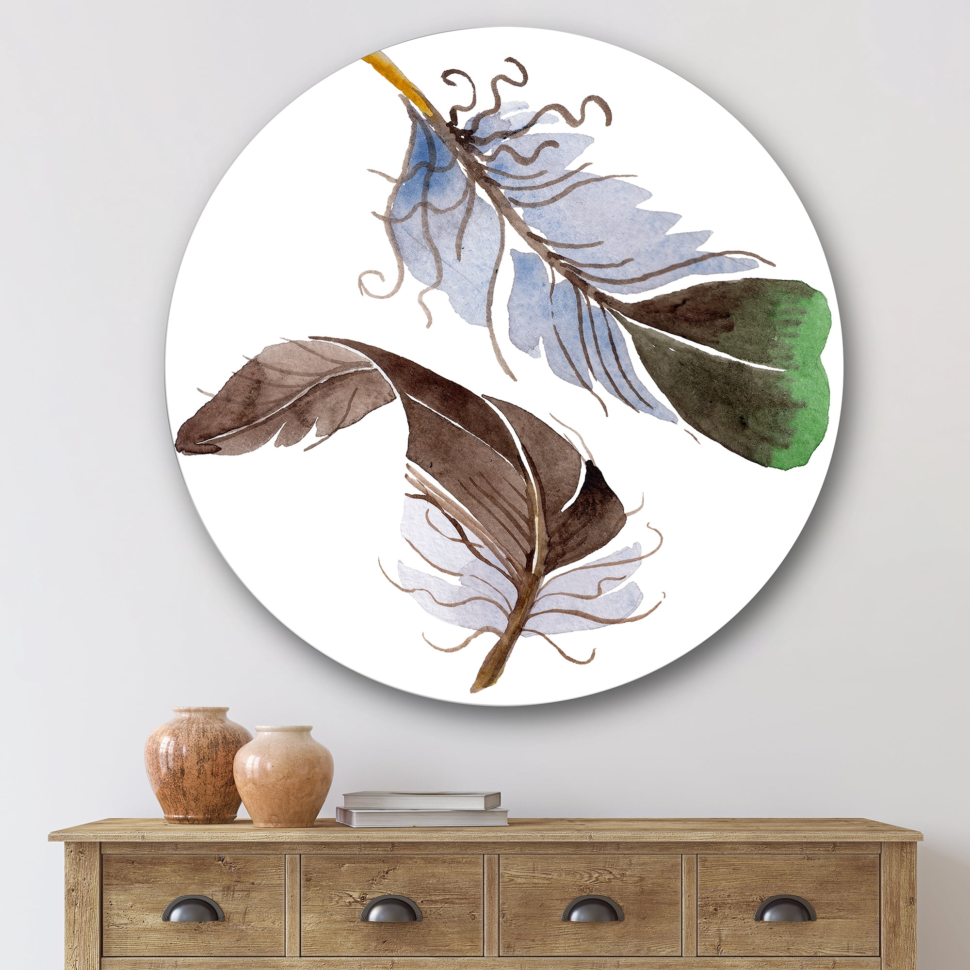 Designart 'Abstract Green Bird Feather From Wing' Bohemian & Eclectic Circle Metal Wall Art 29x29 - Disc of 29