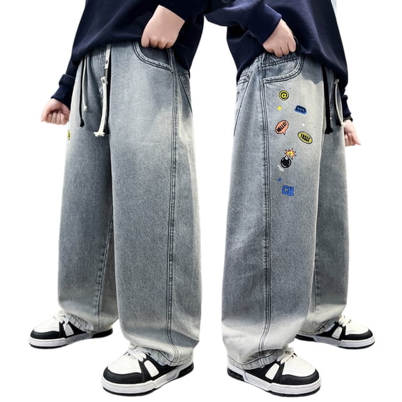 BOOMNY Toddler Boys Baggy Jeans Wide Leg Jeans for Boys Casual Graphic Elastic Waist Drawstring Streetwear Cozy Denim Trousers for Children