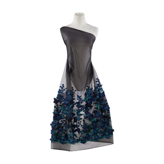 Zelouf Dina Butterfly Embroidery On Tulle  , Sewing, DIY, Crafts Fabric by the Yard, Luscious Navy/green, 7 Yard