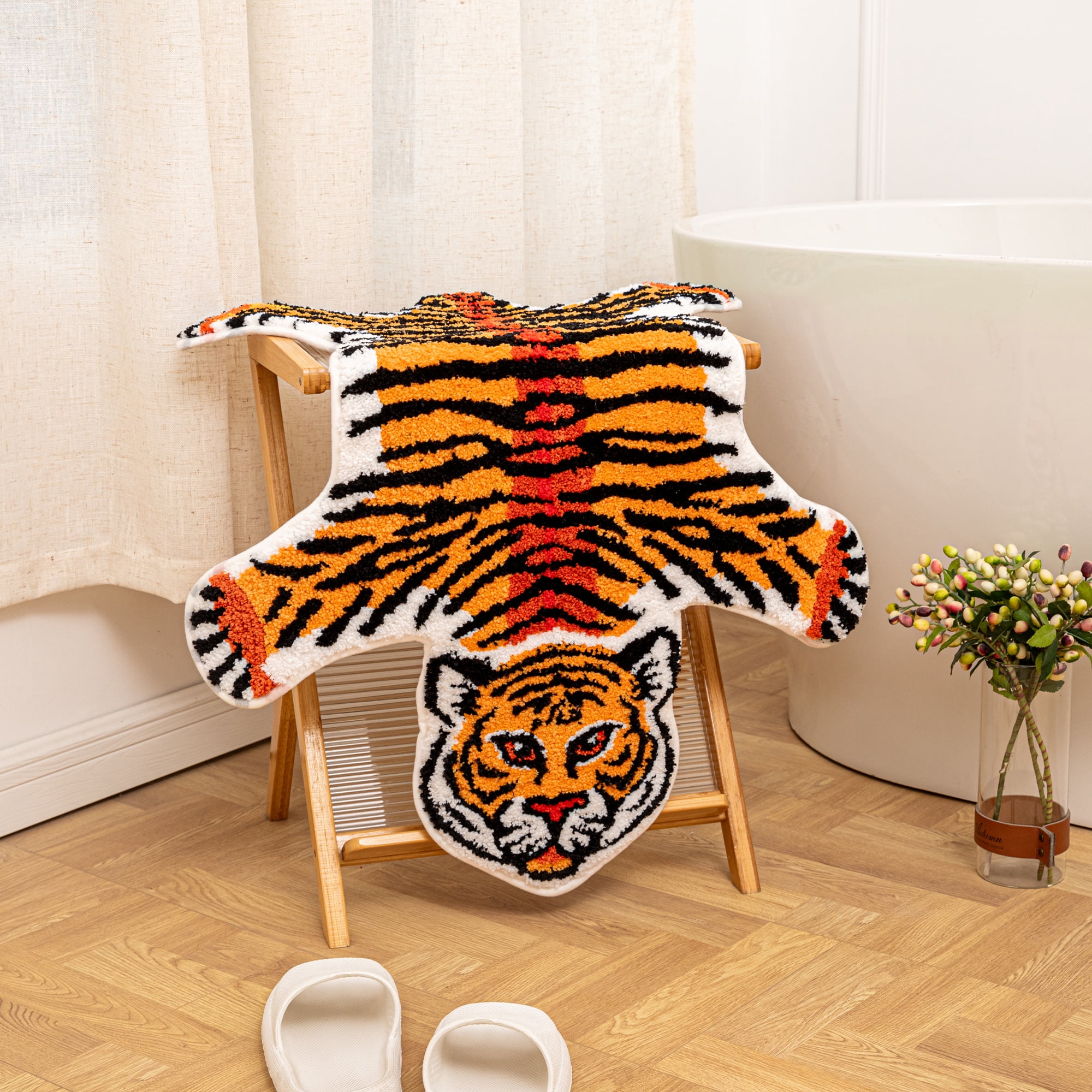 yingda1992 Orange Tiger Bath Mat for Bathroom Cute Tiger Print Funny Cartoon Non Slip Animal Shaped Absorbent Bathtub Mat Plush Shower Door Mat Decor 39.3x25.5 Inch