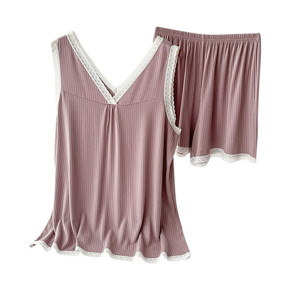 HAiming Womens 2 Piece Pajamas Set Summer Casual Lace Trim Sleeveless Tank Tops Shorts Sleepwear Suit Casual Homewear