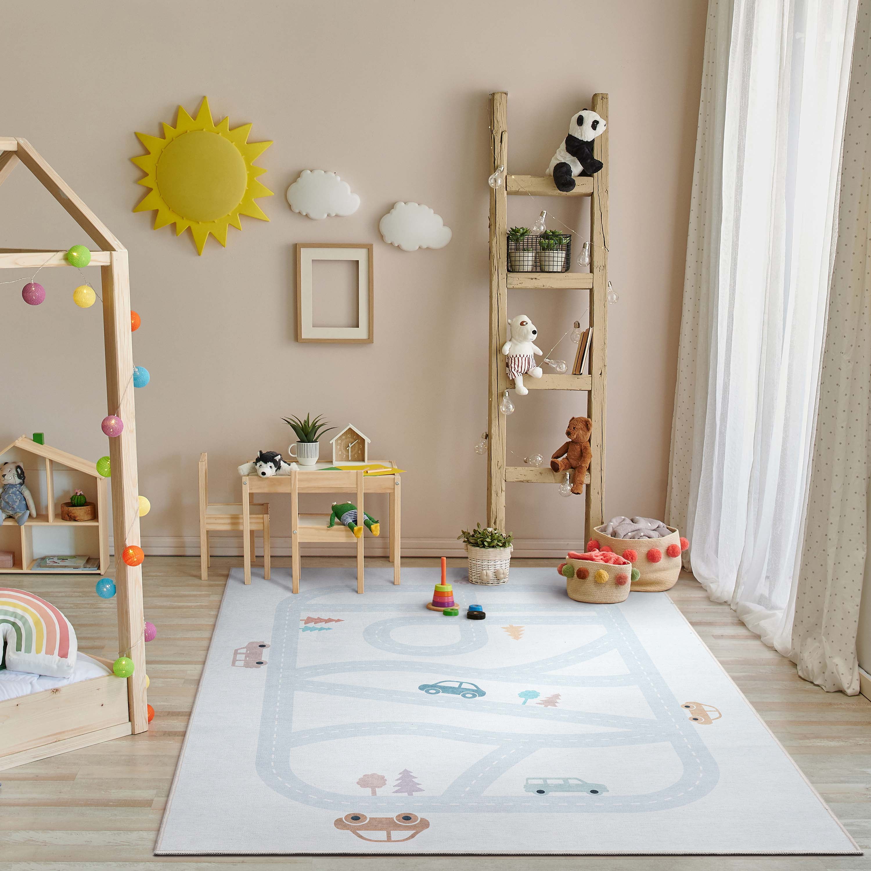 Well Woven Kids Rugs Playful Roads Modern Light Grey 6' x 9' Printed rugs Distressed Machine Washable Area Rug