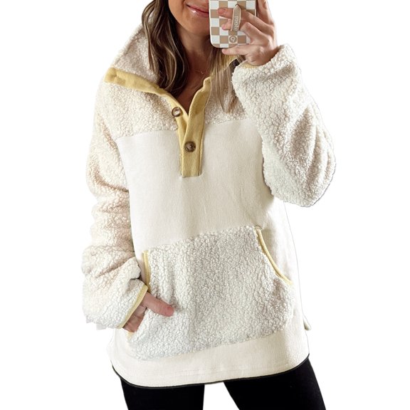 Women's Cozy Beige Fleece Colorblock Trim Sweatshirt with Buttons and Pocket - [ZhiHiMeRi] | (US 20-22)2XL