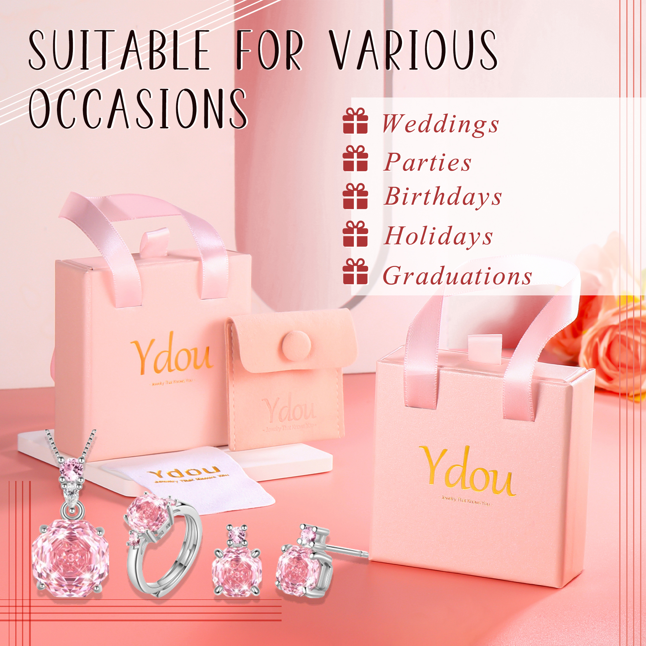 Ydou Rose Jewelry Set - 18K White Gold Plated Rose Cut Cubic Zirconia Flower Necklace/Earrings/Ring Set Anniversary Birthday Jewelry Gift for Women