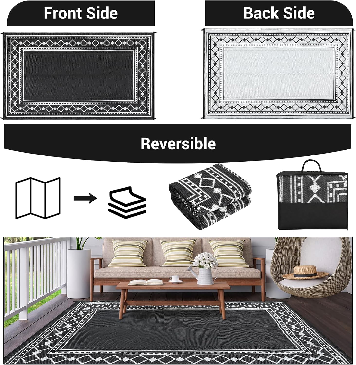 Riedhoff Outdoor Rug 10'x 8', Geometric, Black & White
