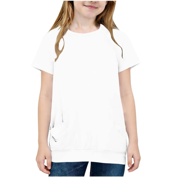 Ugoldhm Girls' Short Sleeve Raglan Tunic Top Front Pocket Elastic Hem Loose Fit Tee for Ages 5-15 School & Everyday Wear