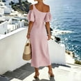 thumbnail image 4 of QUNYINEY Casual Summer Dresses for Women 2026 Long Striped Puff Short Sleeve One Shoulder A Line Dress Vacation Loose Fit Dresses, 4 of 5