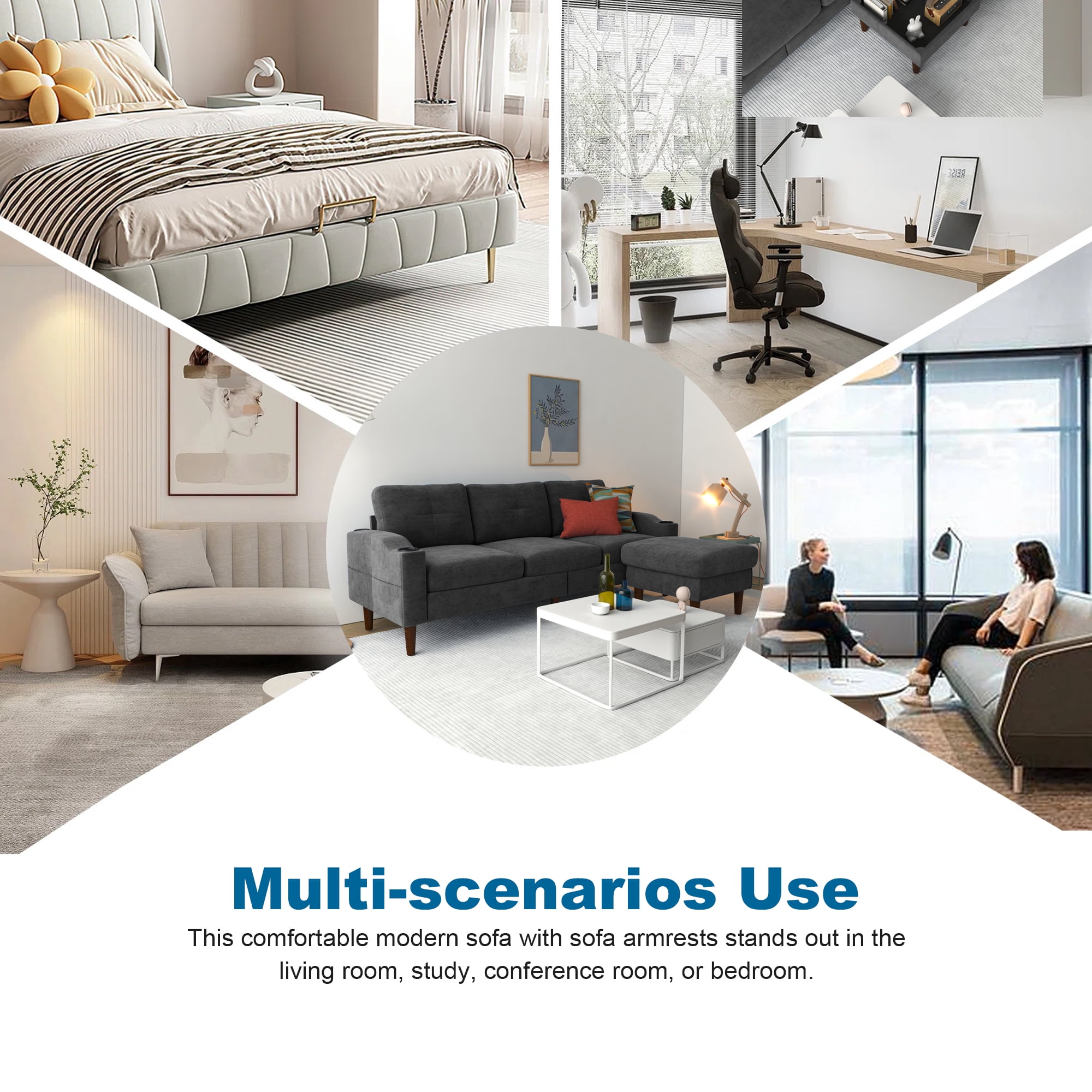Aukfa L Shaped Sectional Sofa with USB Ports and Cup Holders, 78" 3 Seater Couch with Storage Ottoman, Dark Gray