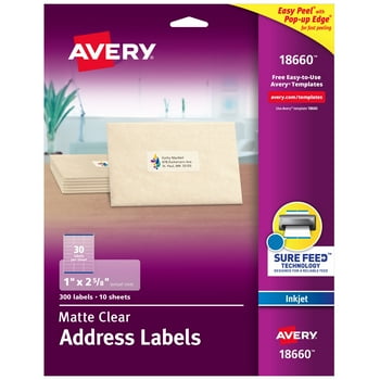 Avery Matte Clear Address Labels, Sure Feed Technology, Inkjet, 1" x 2-5/8", 300 Labels (18660)