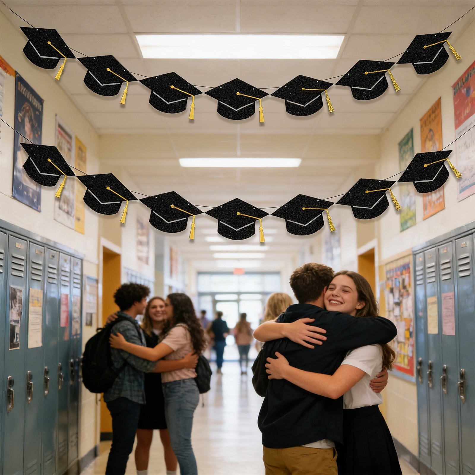 10Pcs Graduation Cap Banners, Yannianjz Graduation Cap Banners, Glitter Graduation Hat Bunting Garland, Black Paper Party Decorations for Graduation Party, Celebration, Ceremony