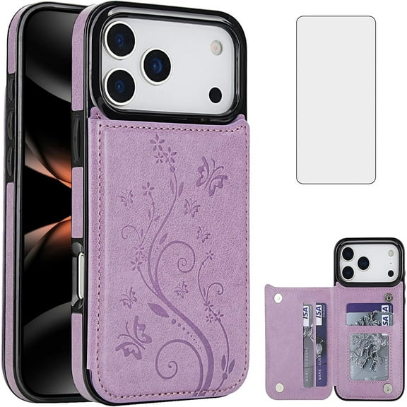 Asuwish Compatible with iPhone 17 Pro Max 6.9 inch Wallet Phone Case with Tempered Glass Screen Protector Credit Card Holder Slot Stand Cell Cover for i Phone17 17Pro i17 ProMax 17ProMax Women Purple