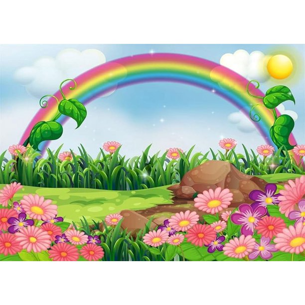 Fondo de tela con arcoíris y sol, encantador jardín de flores con dibujos de arcoíris, fondo de fotografía primaveral para decoración de fiestas, cumpleaños, baby shower, sesión de fotos, accesorios