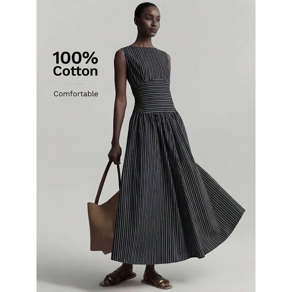 Black Striped Sleeveless Waist-Cinched Maxi Dress, 100% Cotton Comfortable Summer Long Dress