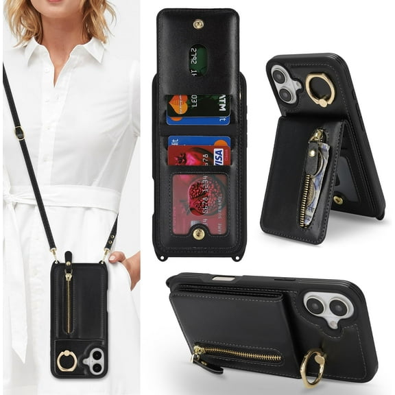for iPhone 16 Plus Phone Case with Card Holder and Strap for Women, Crossbody Bag with Ring Stand Zipper Wallet Case for Apple16Plus Purse