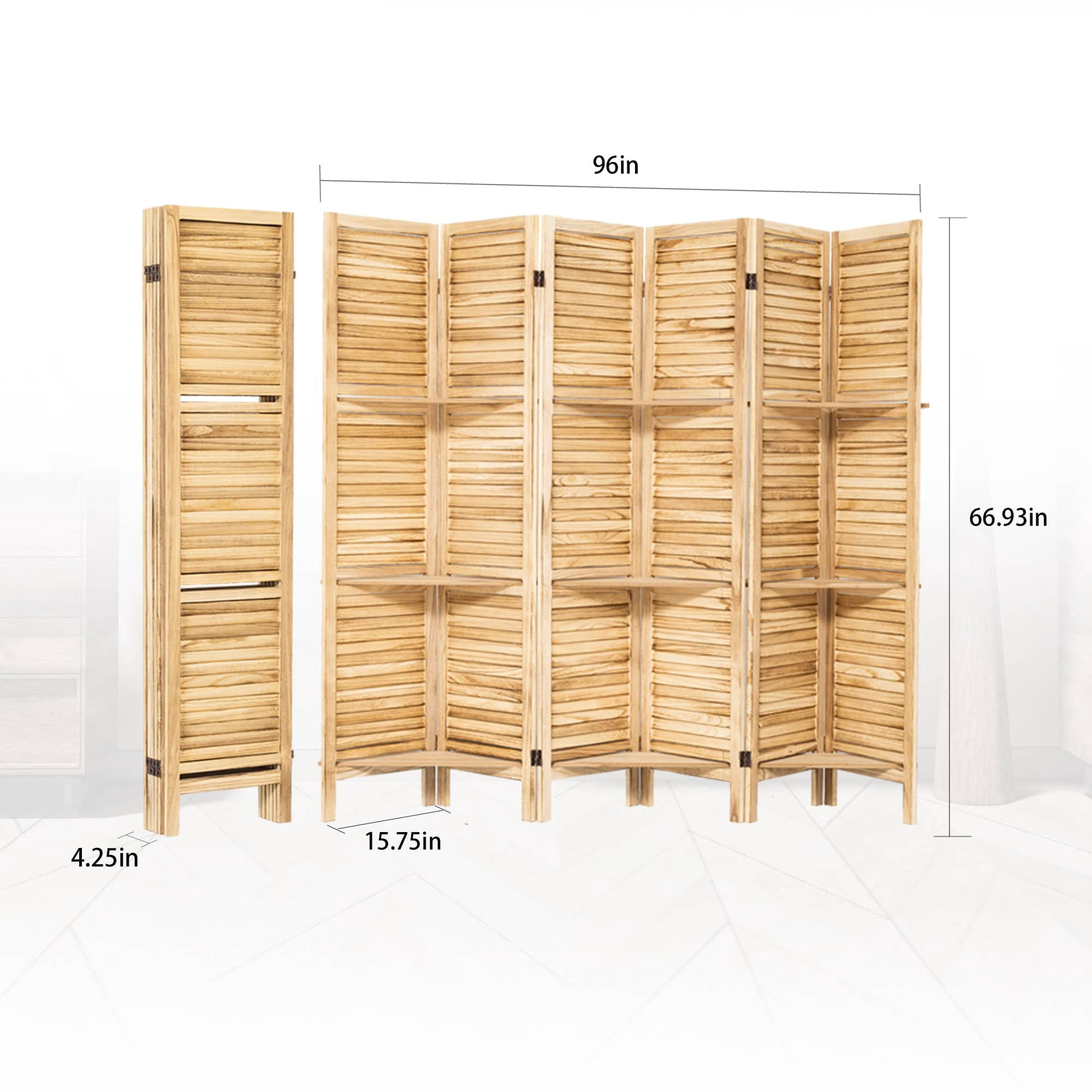 MAYEERTY 6 Panel Wood Room Divider with Display Shelves, Freestanding Privacy Screen, Natural Color