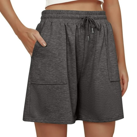 Prdecexlu Womens Cotton Shorts Elastic High Waist Running Wide Leg Athletic Sweat Shorts Solid Color Summer Drawstring Jogger Baggy Bermuda Short with Pockets Dark Gray M