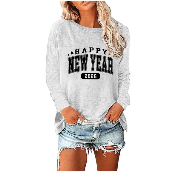 Festival Tees For Women Crew Neck 2026 Happy-New-Year Print Pullover Tops Casual Loose Stylish Holiday Blouse (XL, White-C)
