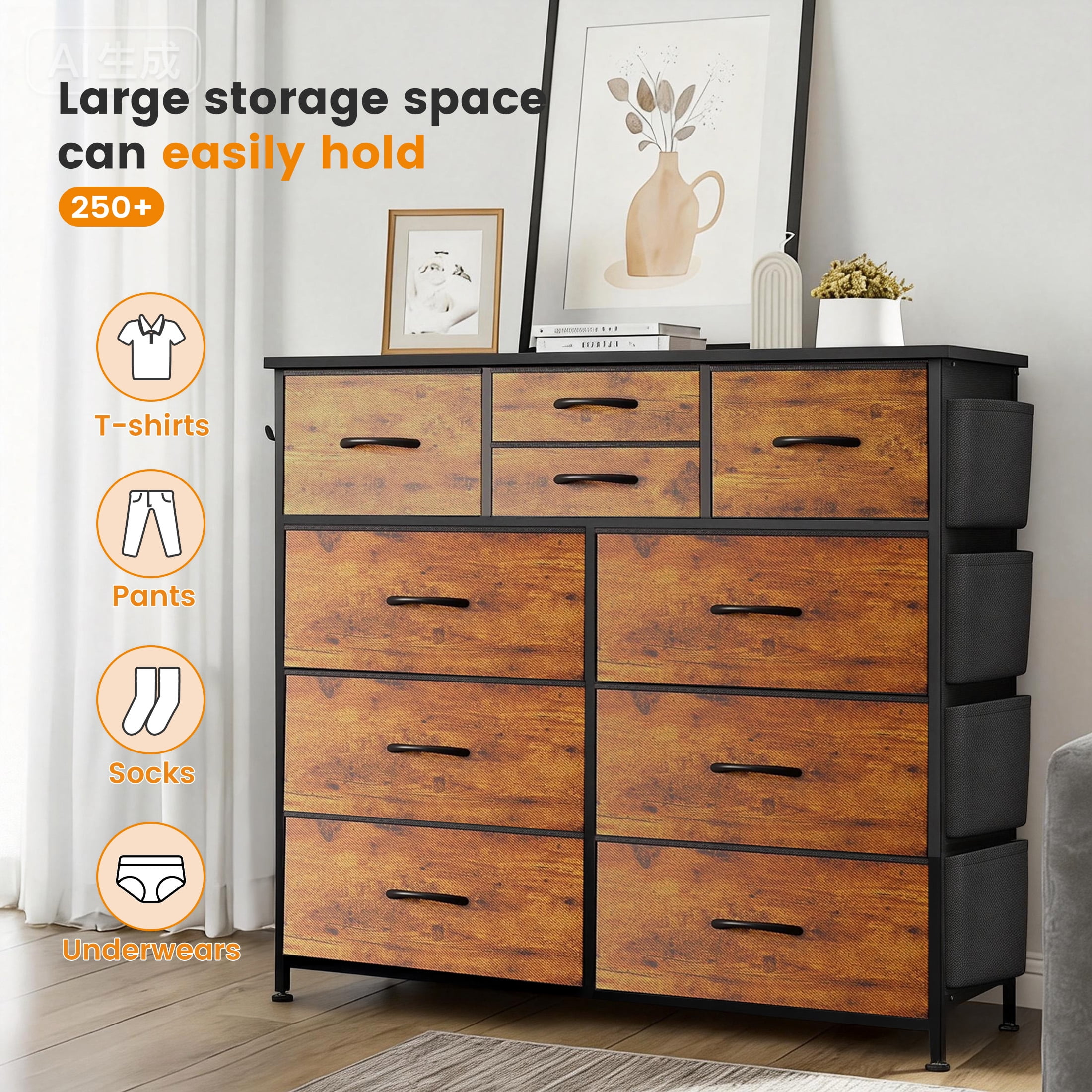 edx Dresser Storage with 10 Drawers, Fabric Dresser Tower with Side Bag, Storage Unit for Bedroom, Closet, Office, Rustic Brown