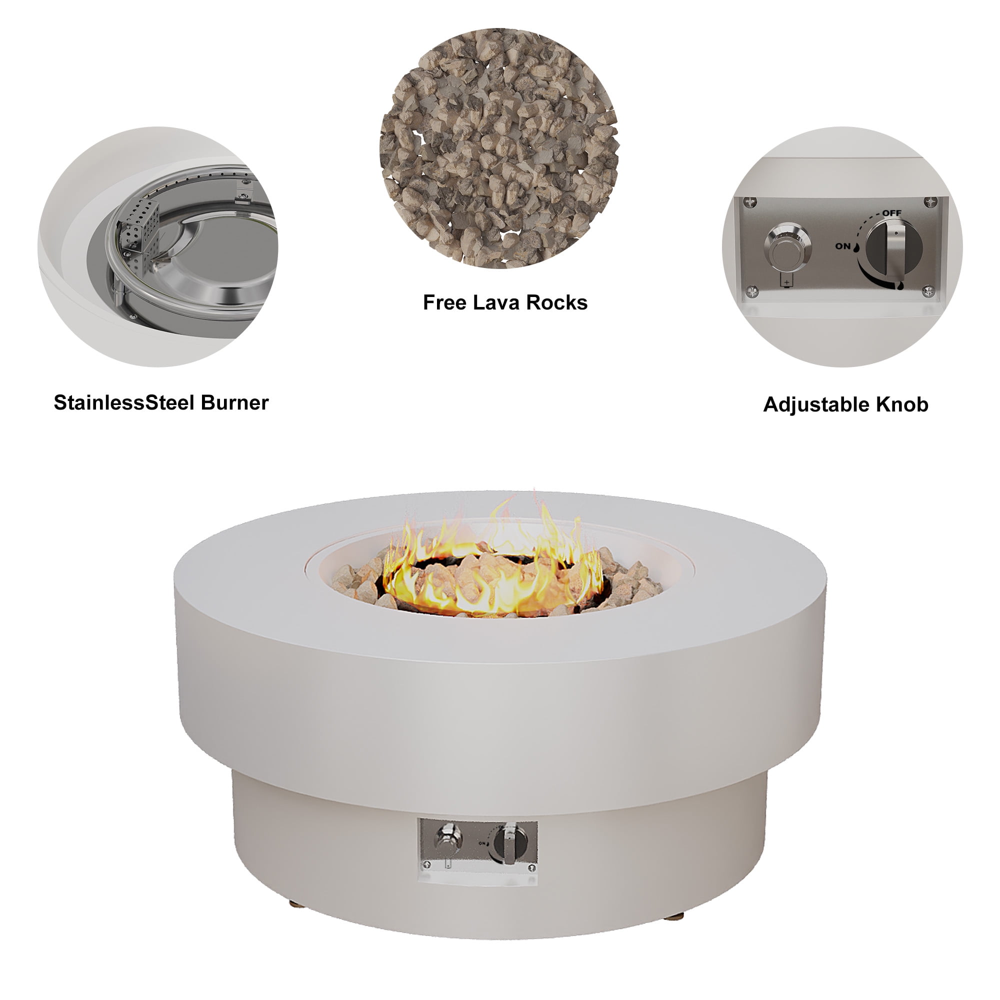 HongTaoK 32.5" Round Propane Fire Pit 50K BTU, Eco-Friendly, Clean Burning with Lava Rock, White