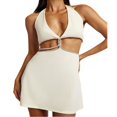 thumbnail image 2 of Femmes Été Slim Fit Robe Strass Patchwork V-Cou Cravate Licou Taille Mini Robe, 2 of 3