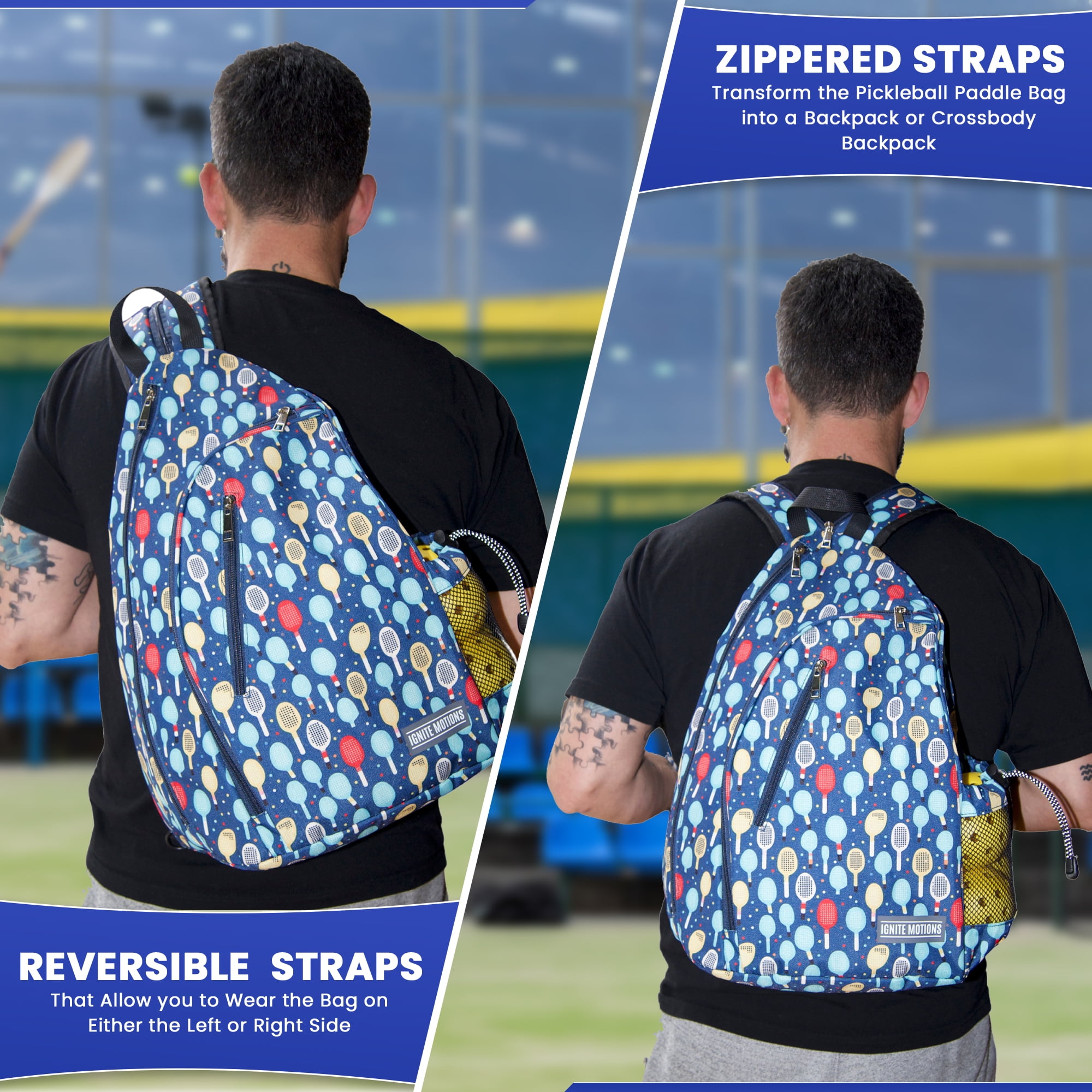 Ignite Motions Pickleball Sling Bag for Women and Men - Backpack with Fence Hook - Crossbody - Waterbottle Holder