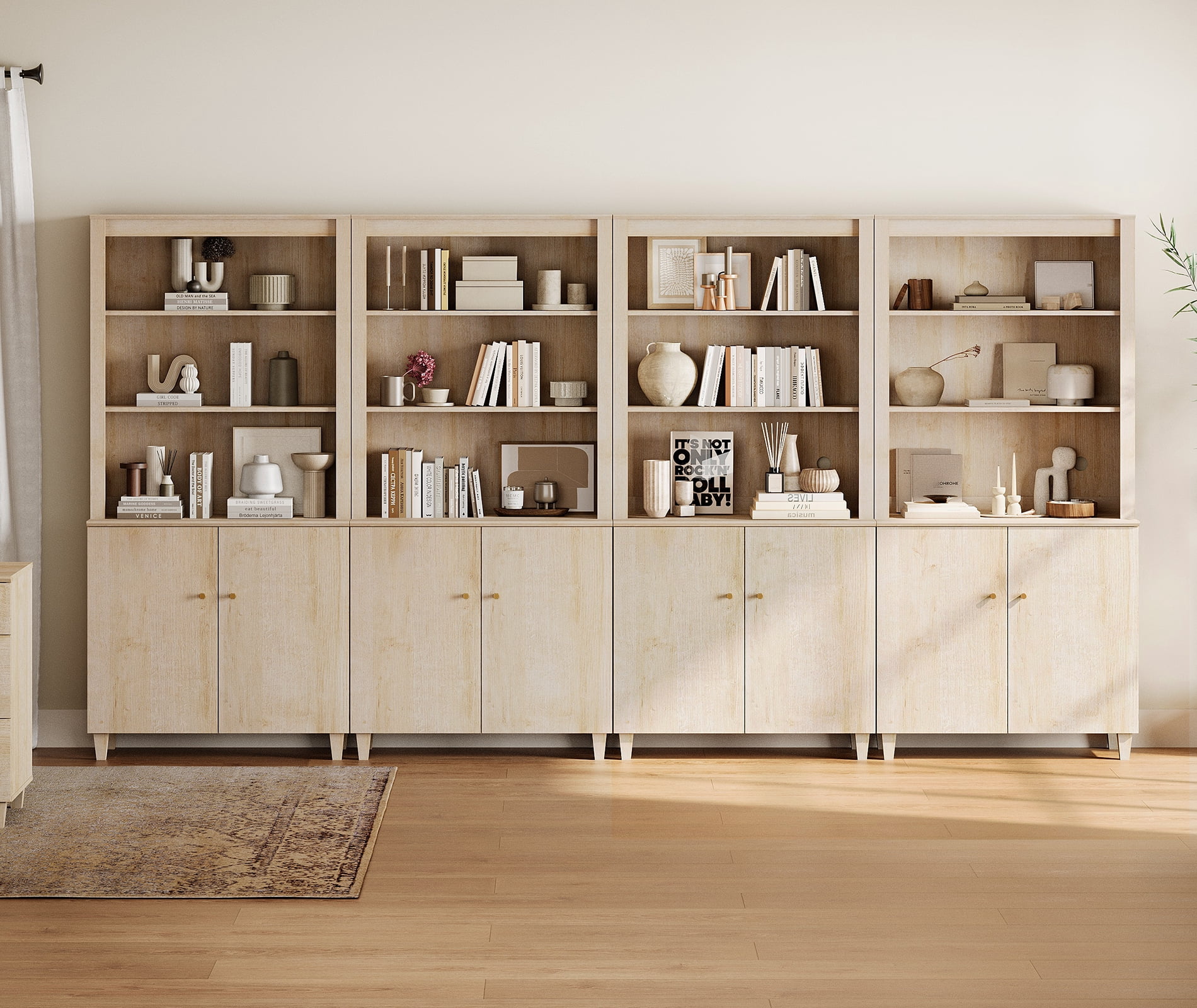 Modern 71" Tall Bookcase with Cabinets, 4 Columns 5-Tier for Home Office,Natural Oak
