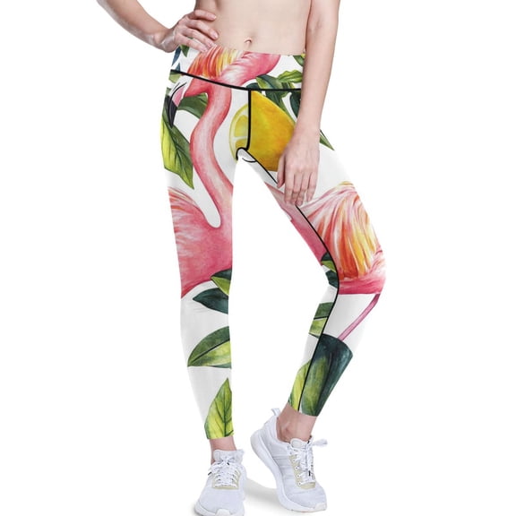 Ckdifva Flamingo Leaves Lemons Yoga Pants with Pockets for Women Workout Athletic Yoga Leggings